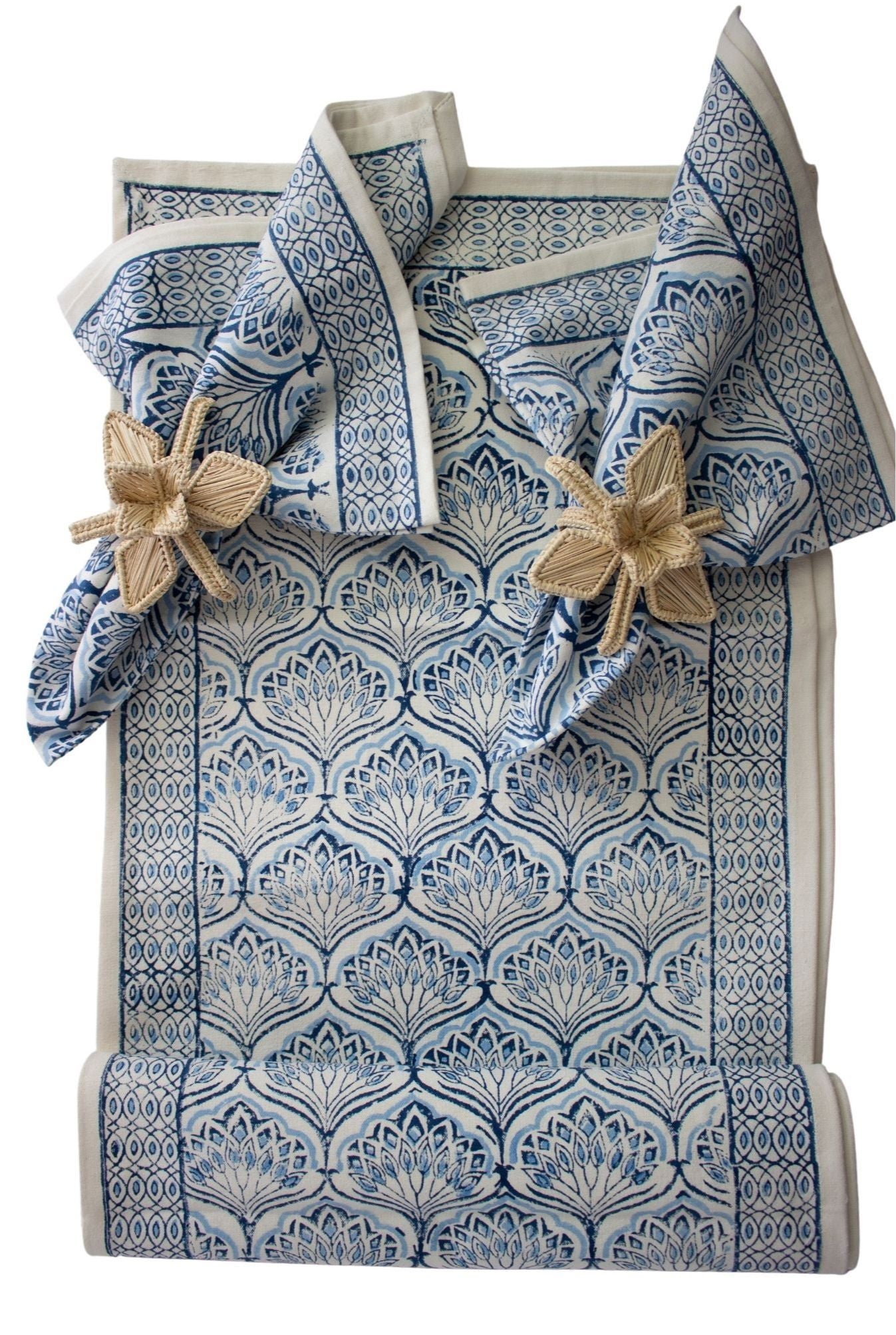 Blue Lotus Table Runner and Napkin Set (1 Runner and 4 Napkins)