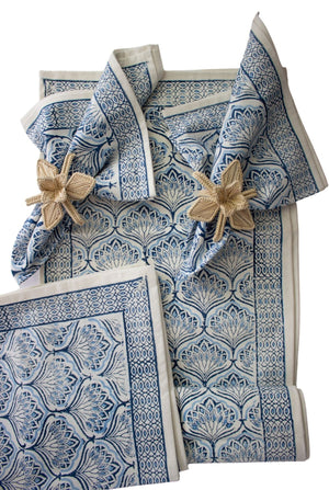 Blue Lotus Table Runner and Napkin Set (1 Runner and 4 Napkins)