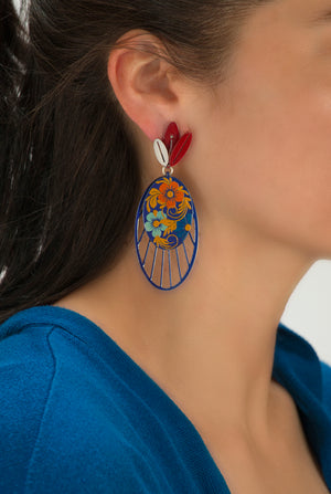 Blue and Red Penaho Flower Earrings