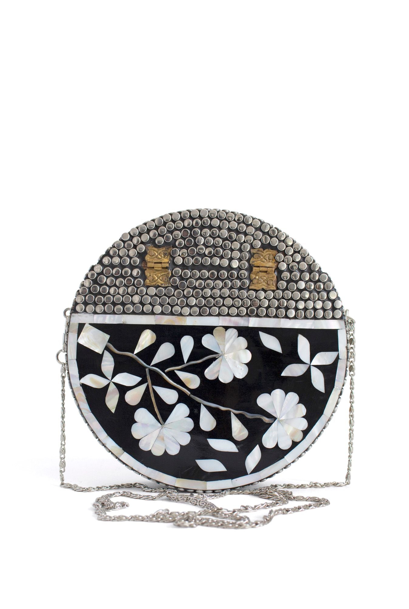 Vintage Silver Studded Clutch with Floral Nacre Accent